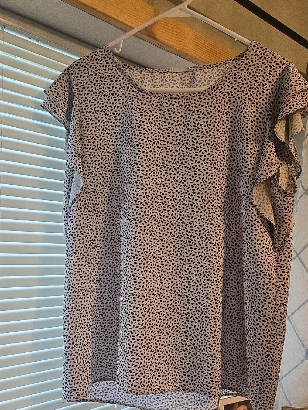 Women's Short Ruffle (XL) Sleeve Blouse - Black Asymmetrical Dot Print.